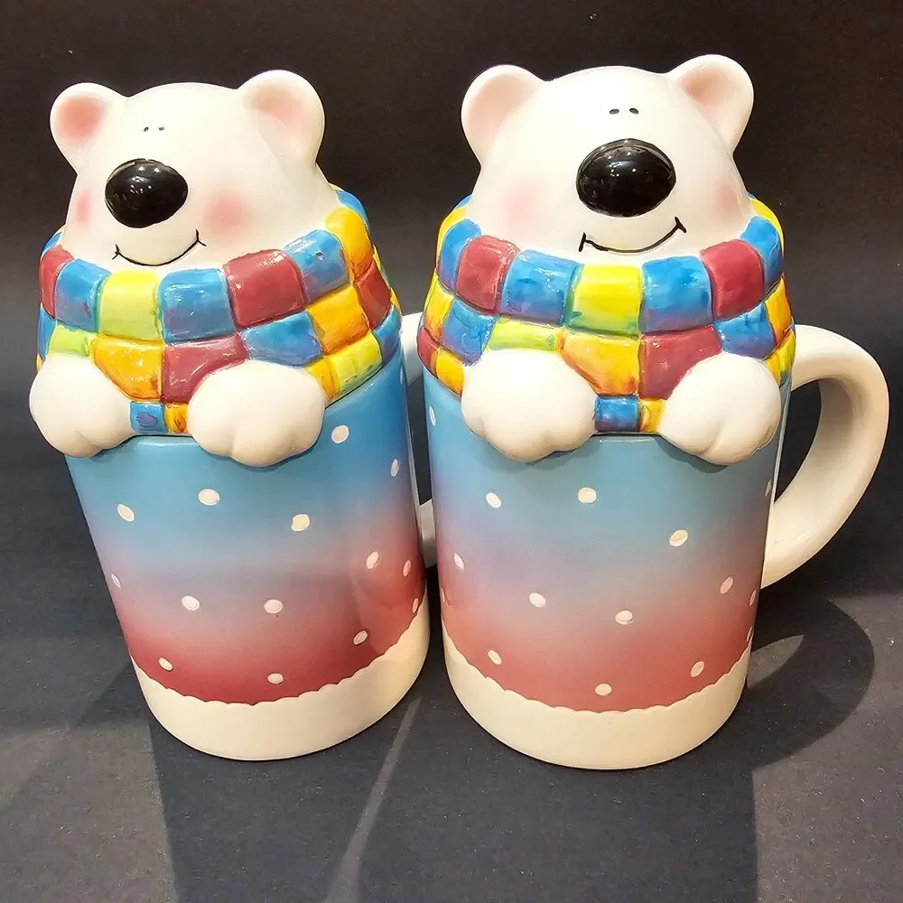 Vtg 1999 Polar Bear Mugs w/ Lids Peter G Blank First Coast Designs Porcelain